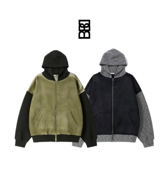 造舊洗水拼接羅紋針織袖雙拉鏈連帽外套［ 2 COLOURS ］