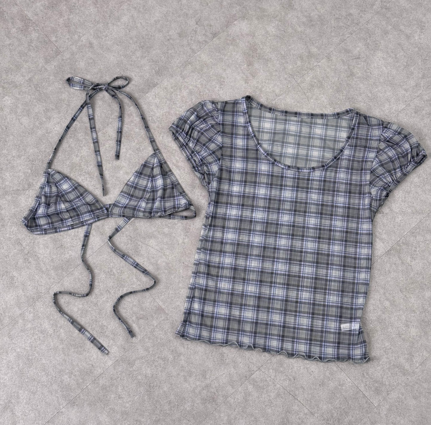 格紋透視泡泡袖2件套裝