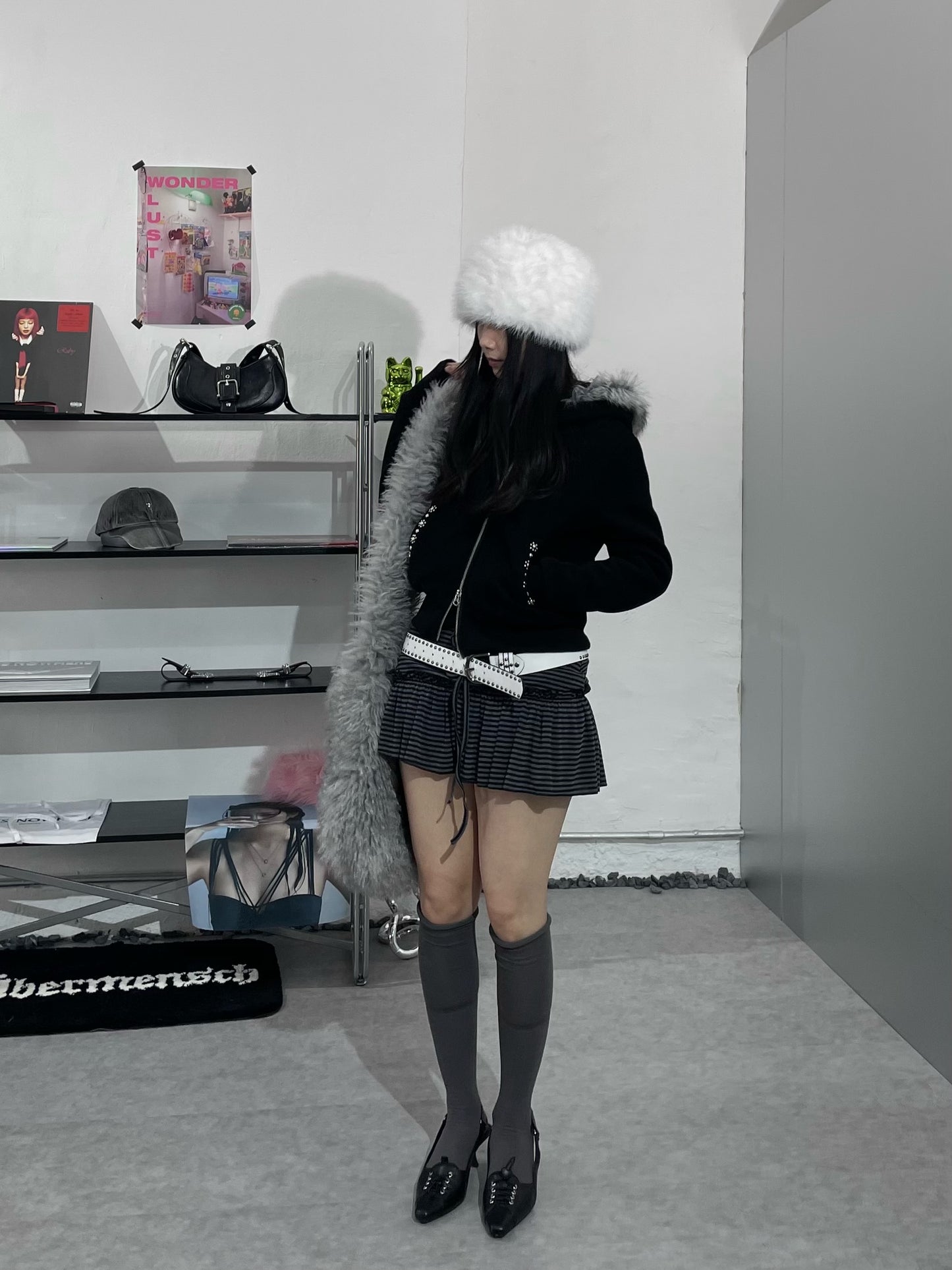 間條荷葉邊蝴蝶結短裙（附打底褲）