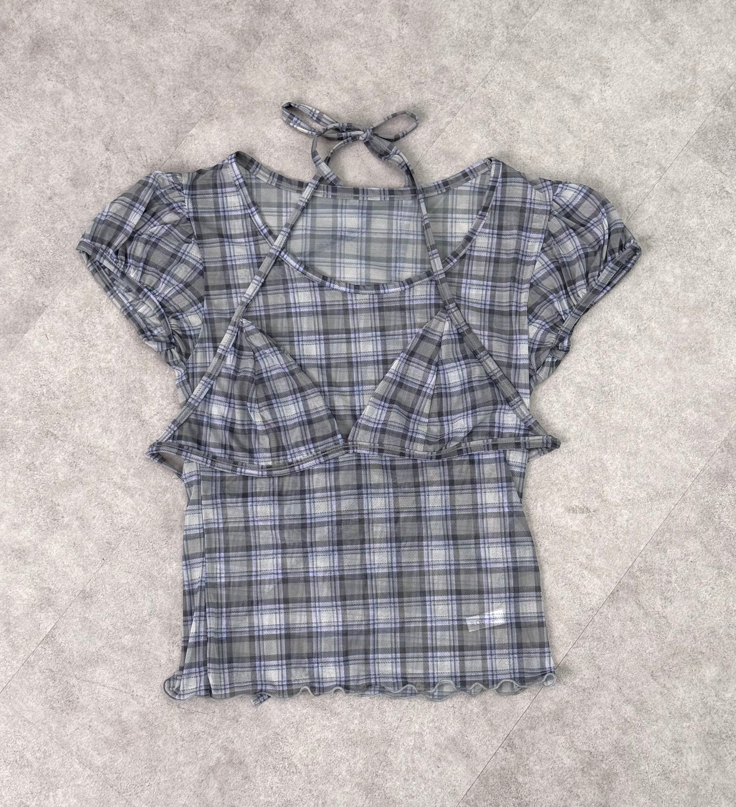 格紋透視泡泡袖2件套裝