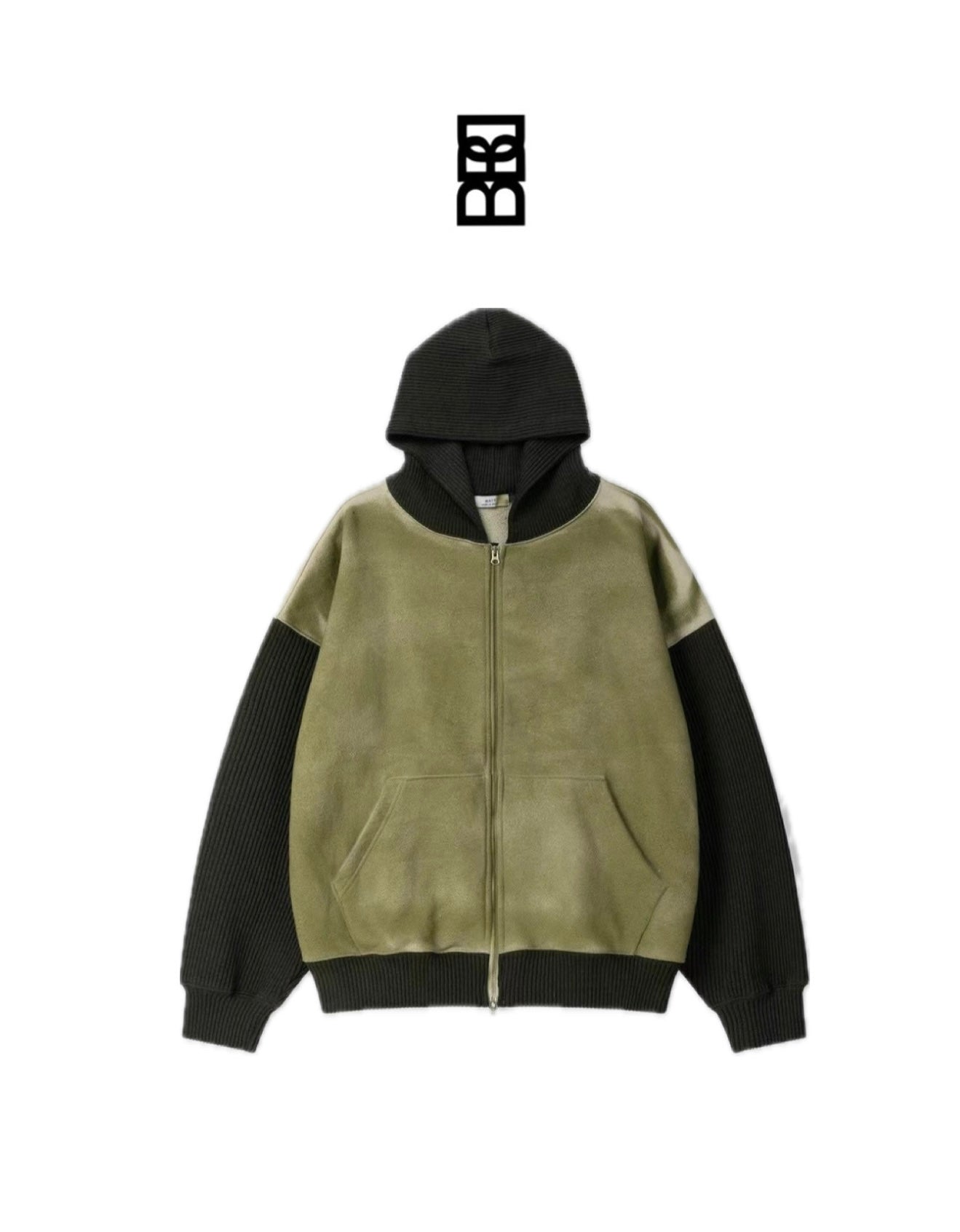 造舊洗水拼接羅紋針織袖雙拉鏈連帽外套［ 2 COLOURS ］