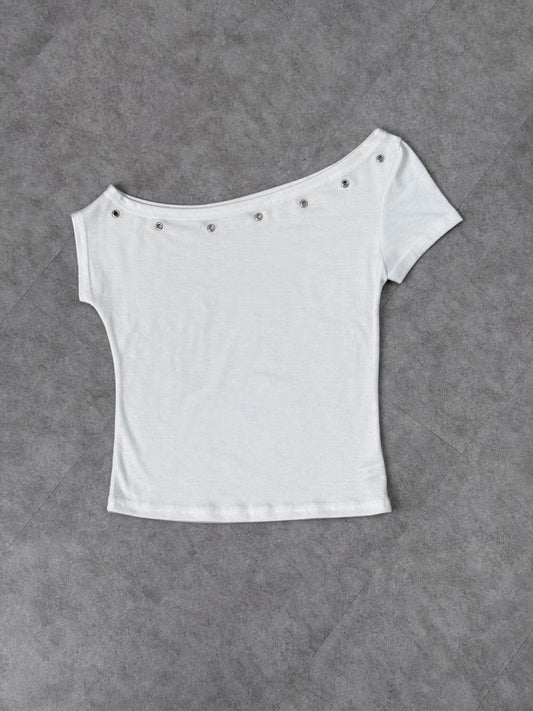 鏤空窩釘跌膊短袖T恤 [2 COLOURS]