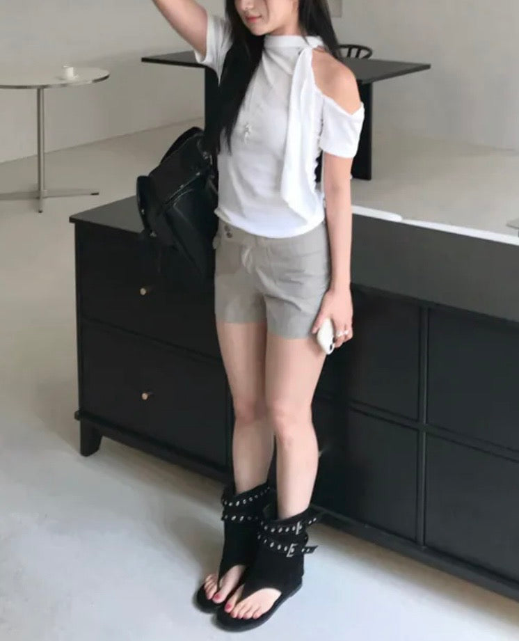 露膊掛頸麻質純色衫