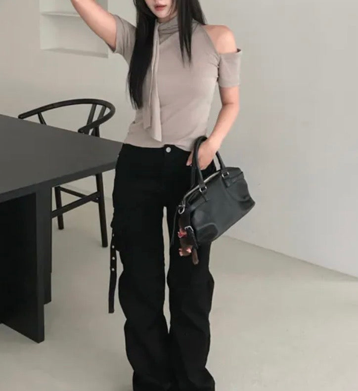 露膊掛頸麻質純色衫