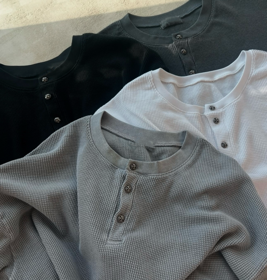 銀鈕窩夫格亨利領寬鬆長袖衫［ 4 COLOURS ］