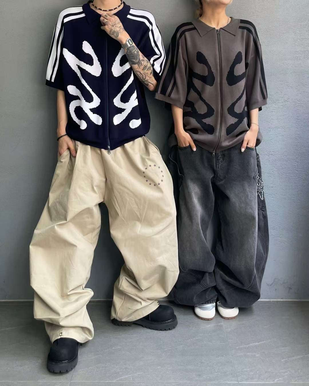 抽象蝴蝶雙拉鏈針織短袖外套［ 2 COLOURS ]