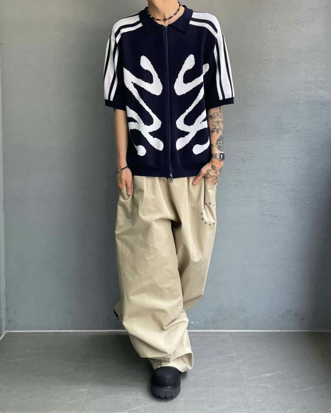 抽象蝴蝶雙拉鏈針織短袖外套［ 2 COLOURS ]
