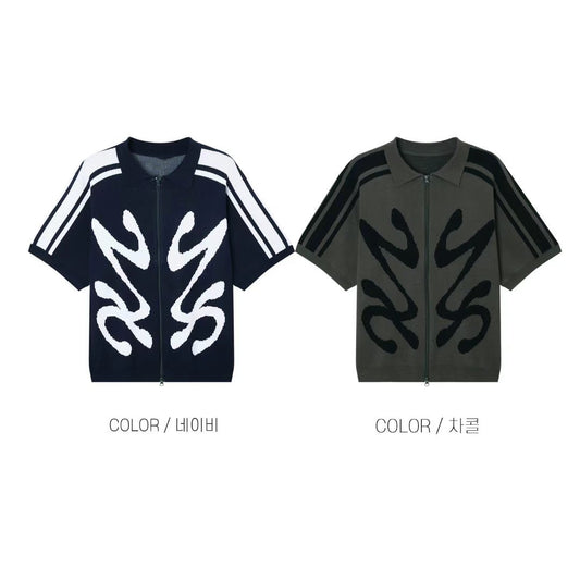 抽象蝴蝶雙拉鏈針織短袖外套［ 2 COLOURS ]