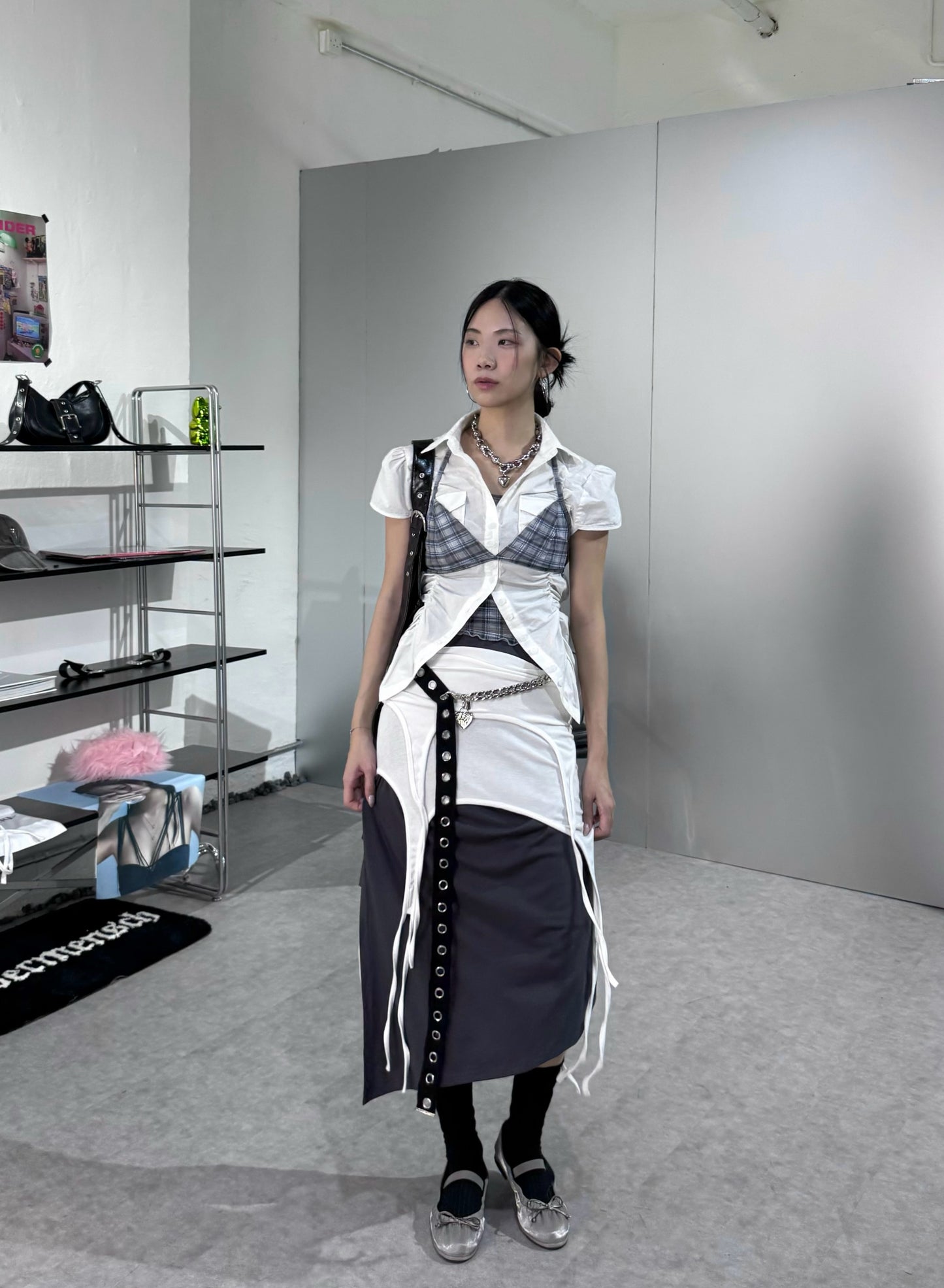 皺褶束腰短版恤衫