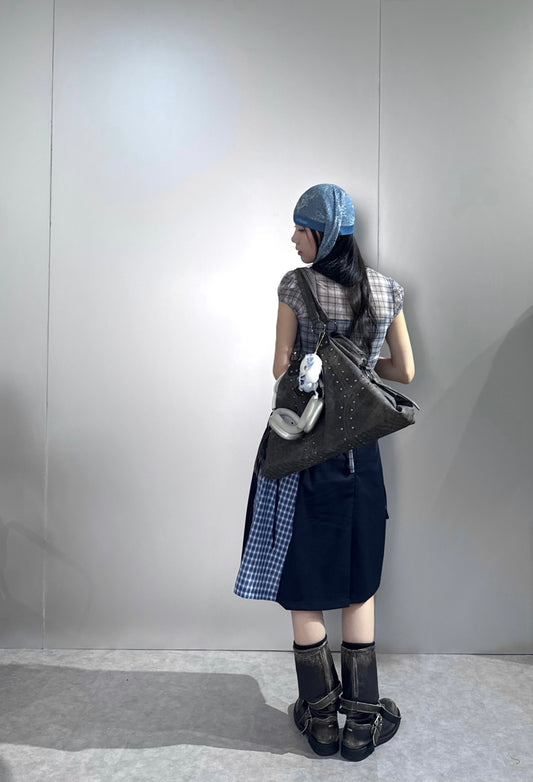 格紋透視泡泡袖2件套裝