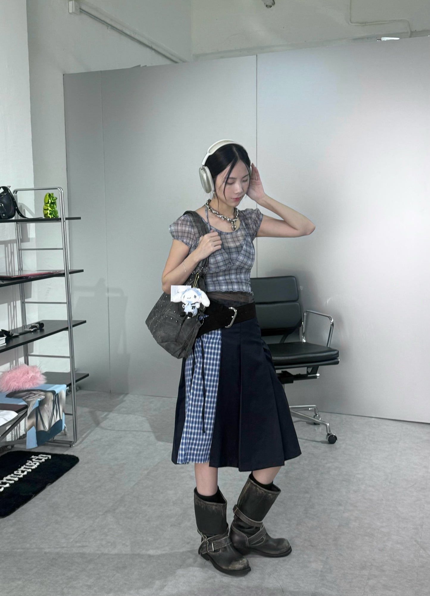 格紋透視泡泡袖2件套裝