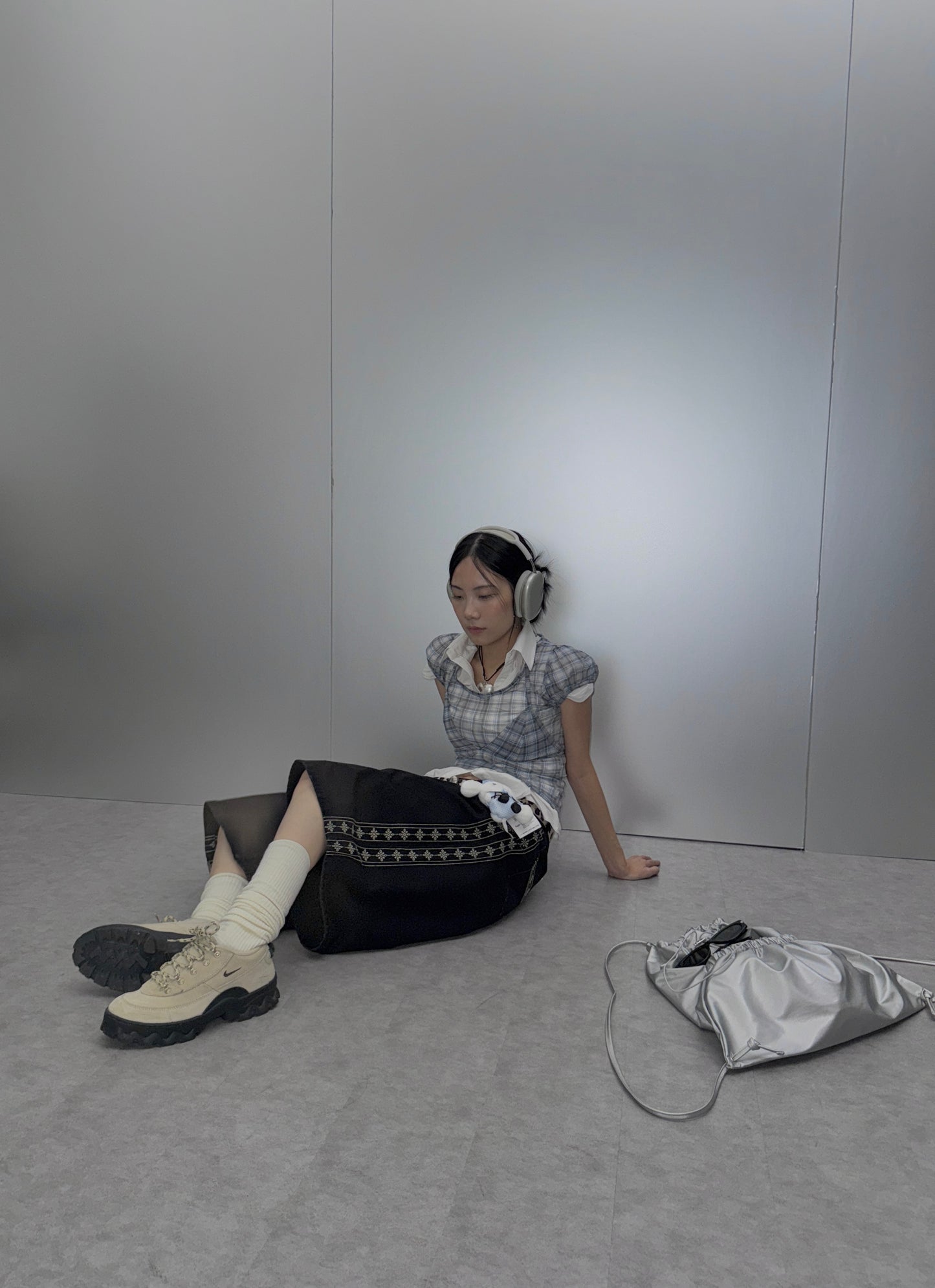 格紋透視泡泡袖2件套裝