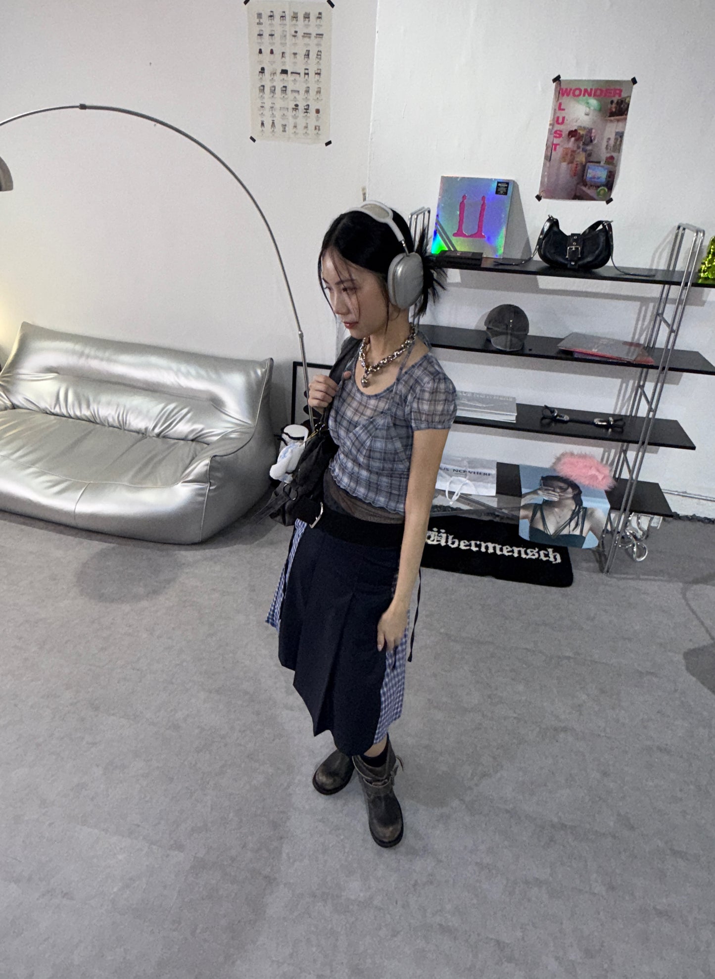 格紋透視泡泡袖2件套裝