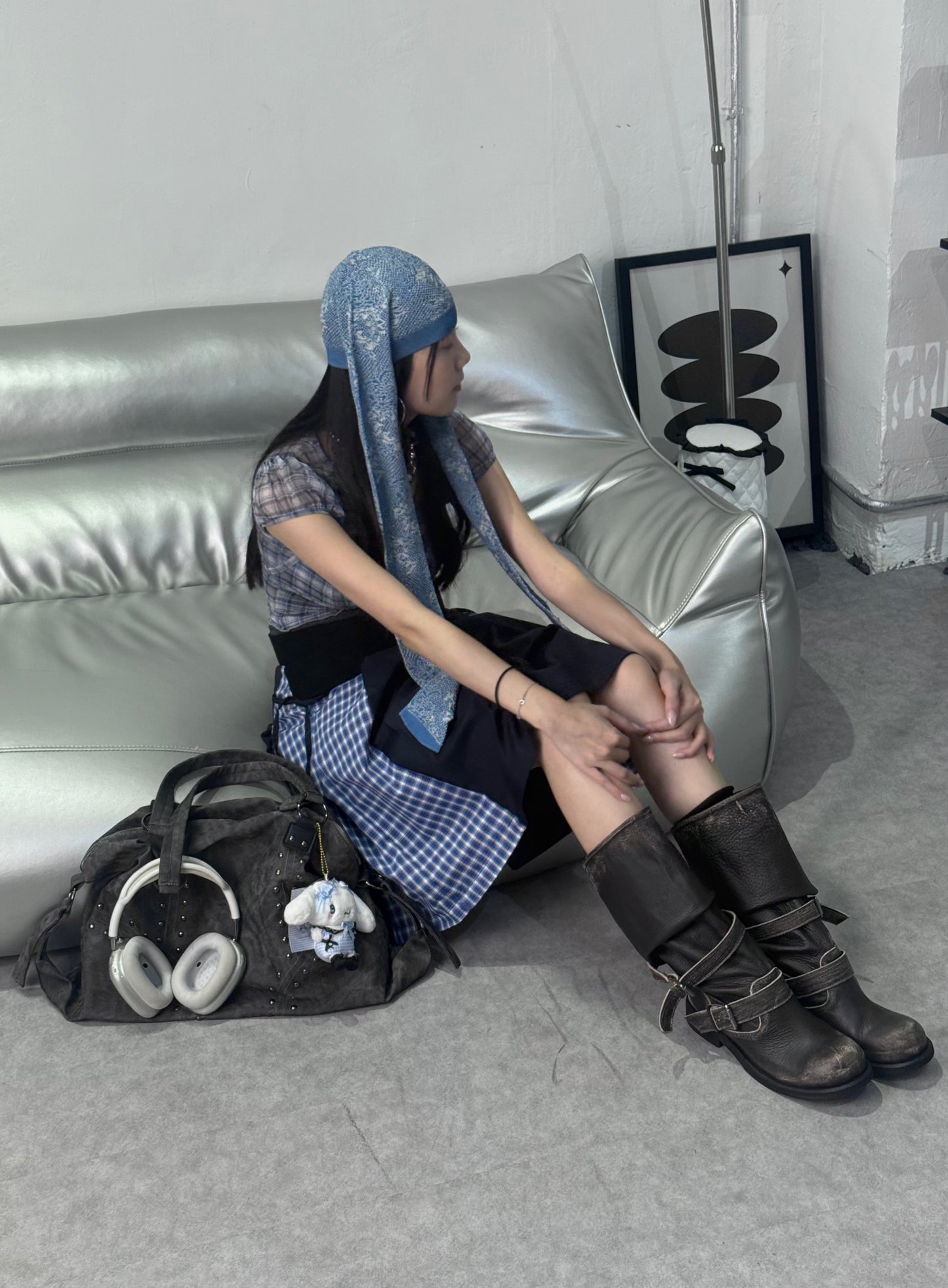 格紋透視泡泡袖2件套裝