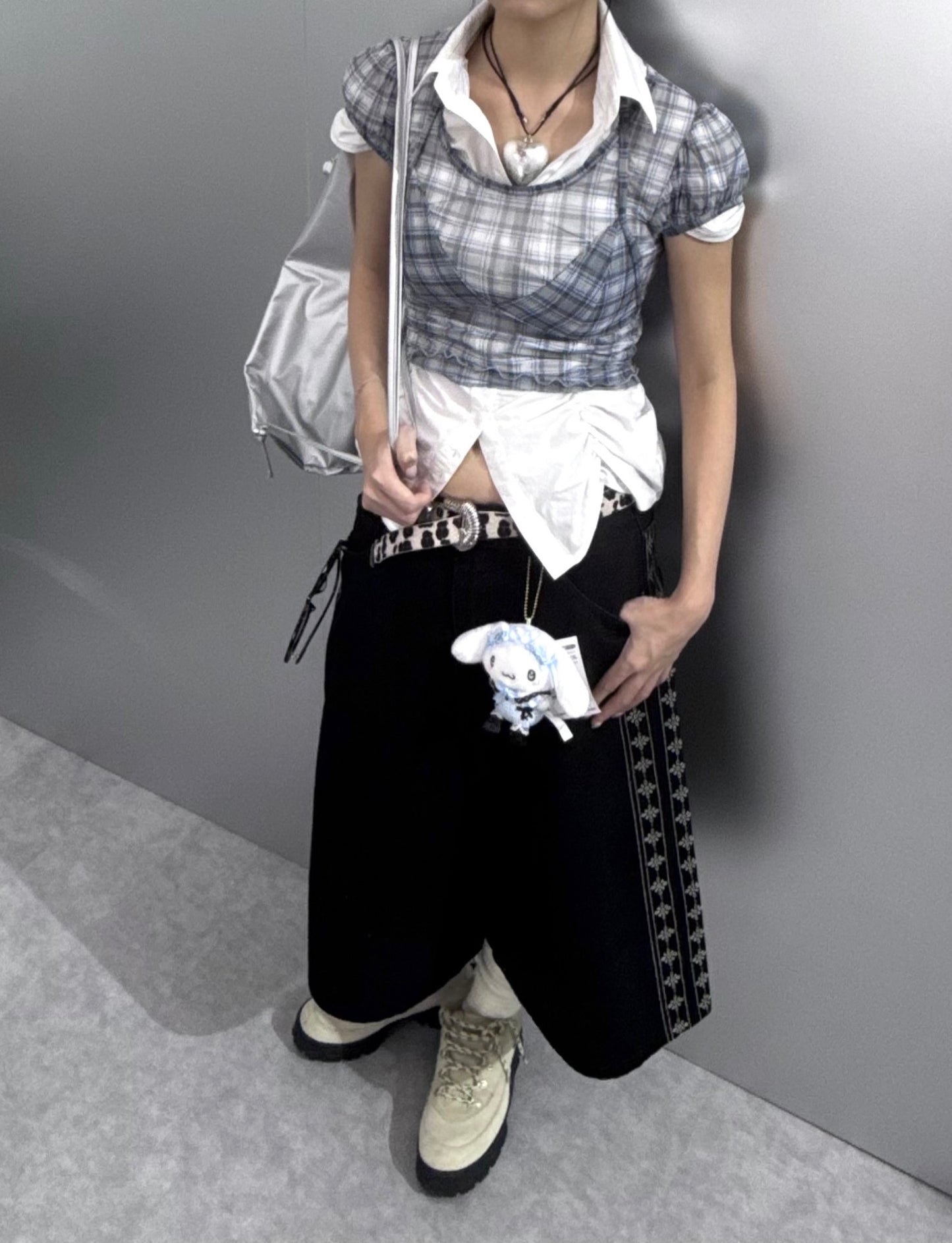 格紋透視泡泡袖2件套裝