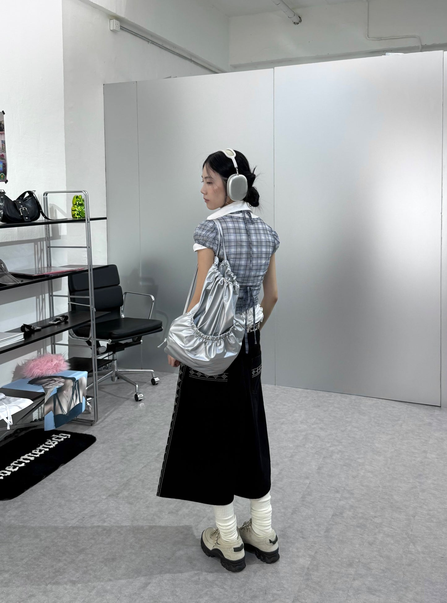 格紋透視泡泡袖2件套裝