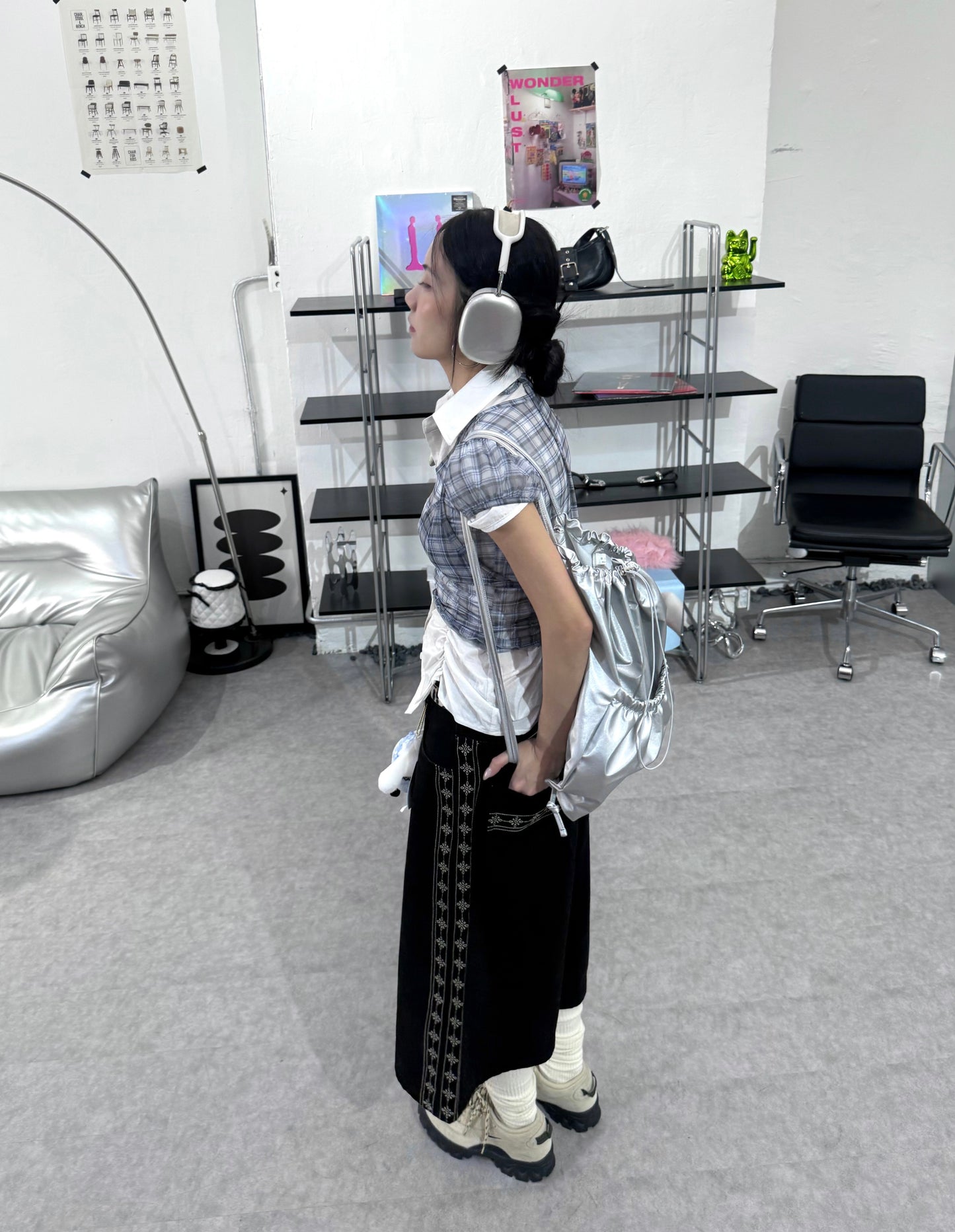 格紋透視泡泡袖2件套裝