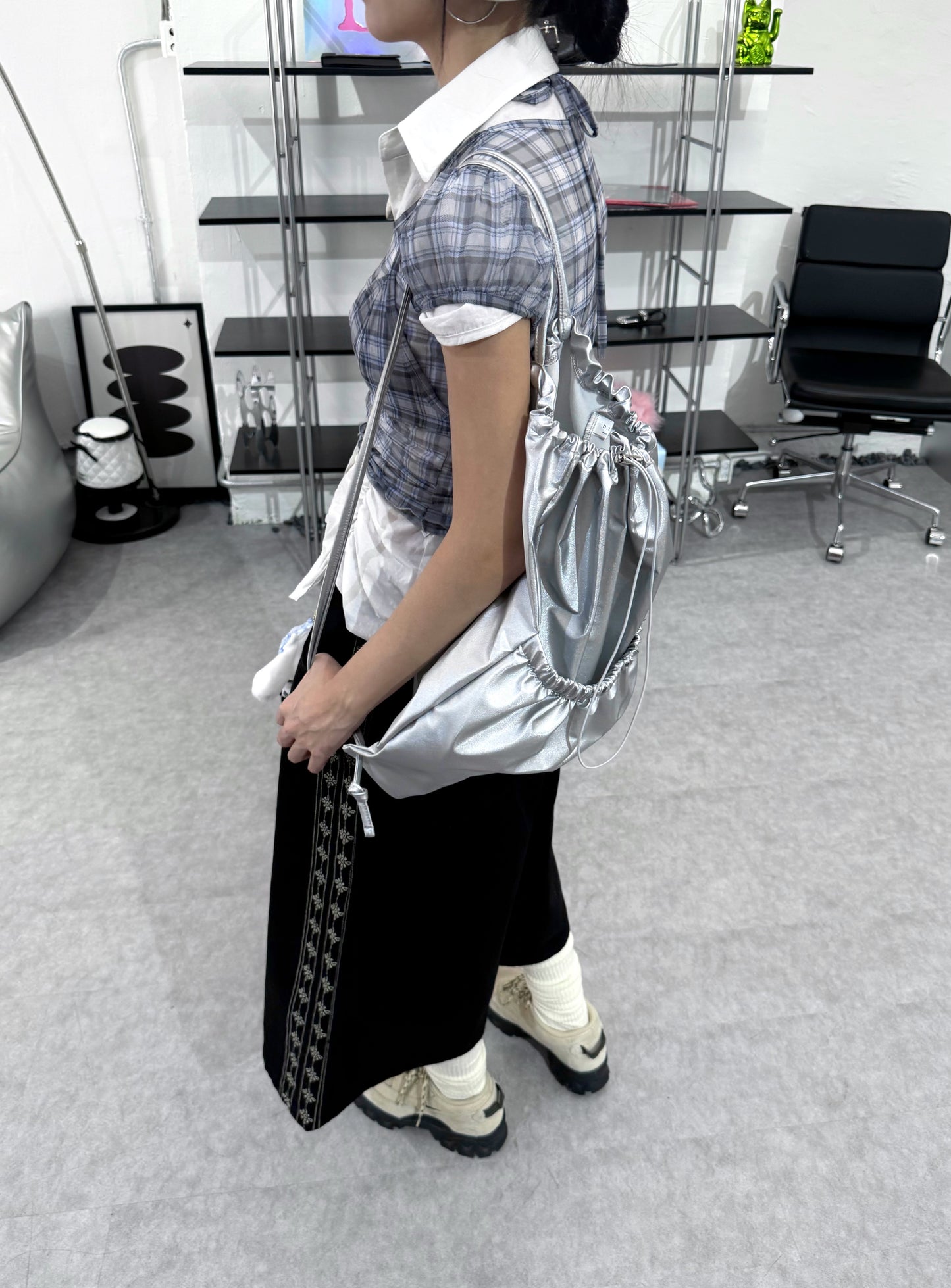 格紋透視泡泡袖2件套裝