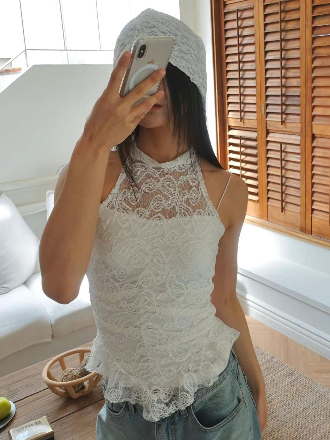 蕾絲花織銀釘連帽頭巾［ 2 COLOURS ］