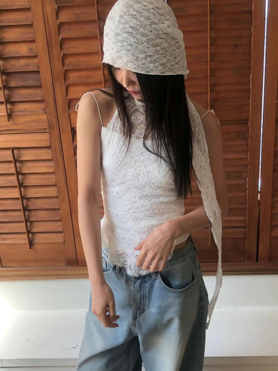 蕾絲花織銀釘連帽頭巾［ 2 COLOURS ］