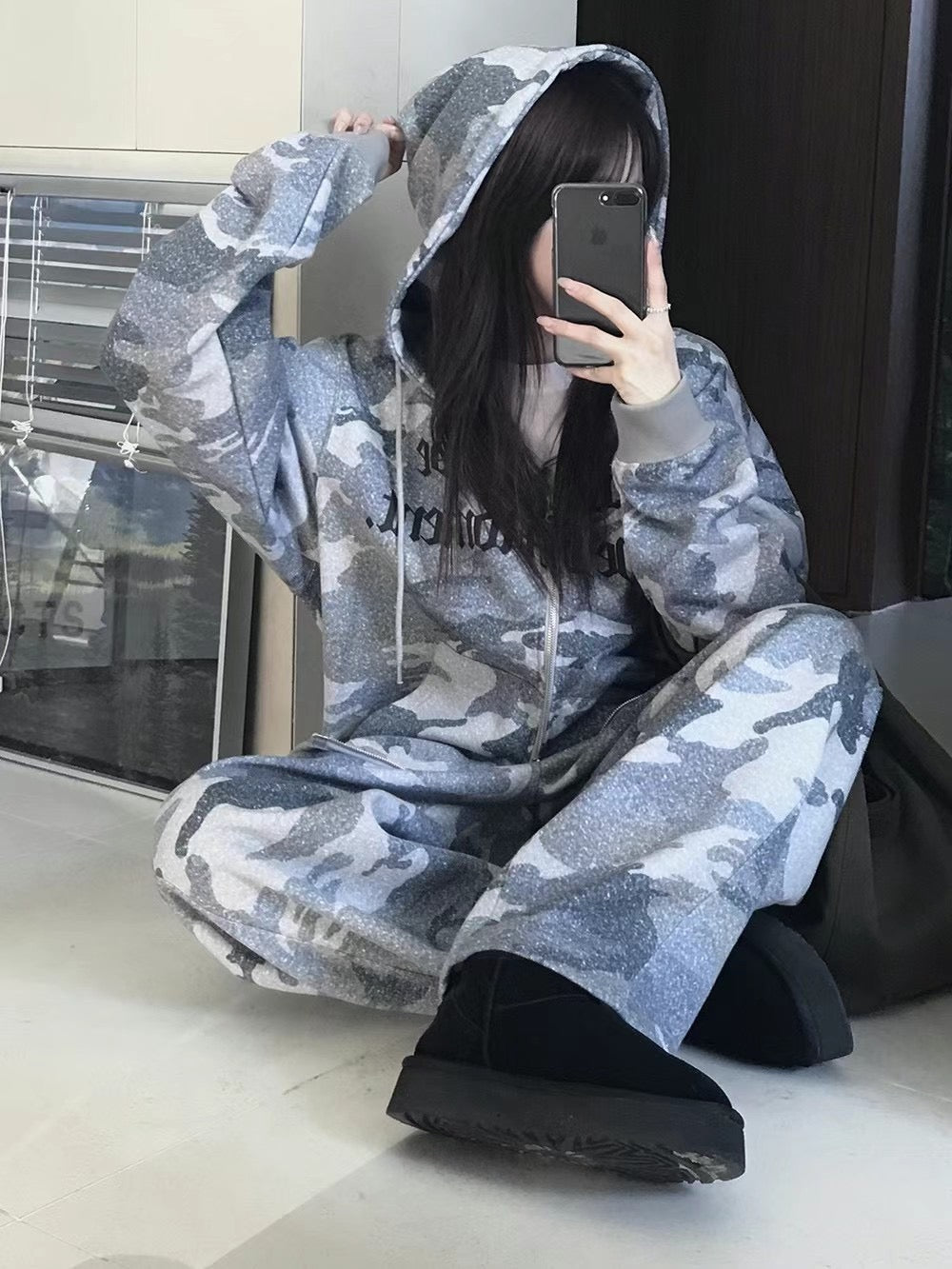 數碼迷彩古英文雙拉鏈連帽衛衣外套［ 2 COLOURS ］
