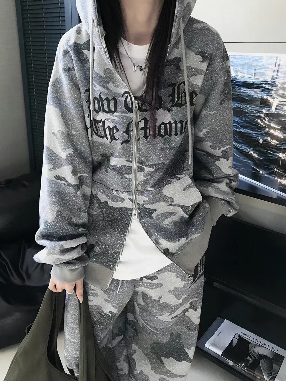 數碼迷彩古英文雙拉鏈連帽衛衣外套［ 2 COLOURS ］