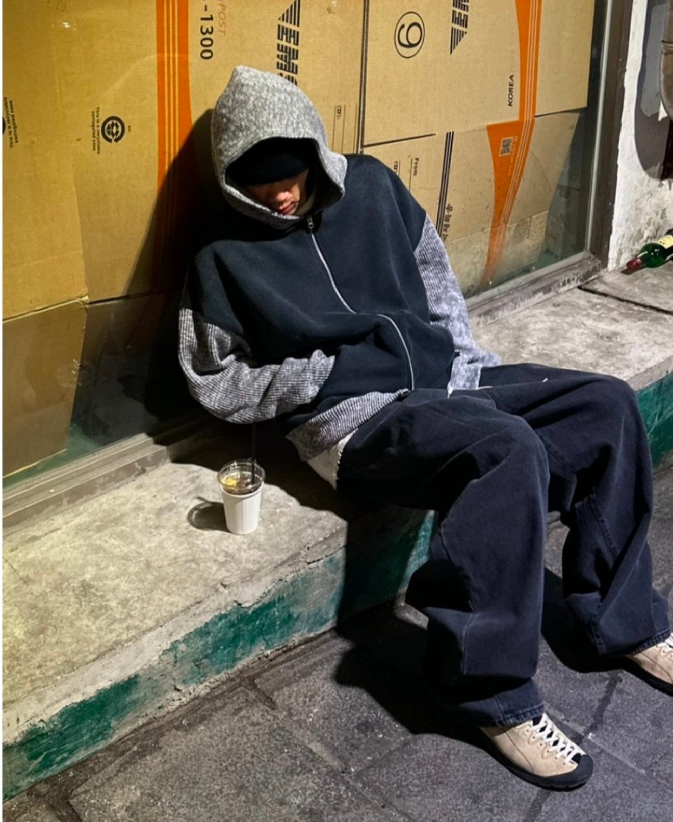 造舊洗水拼接羅紋針織袖雙拉鏈連帽外套［ 2 COLOURS ］